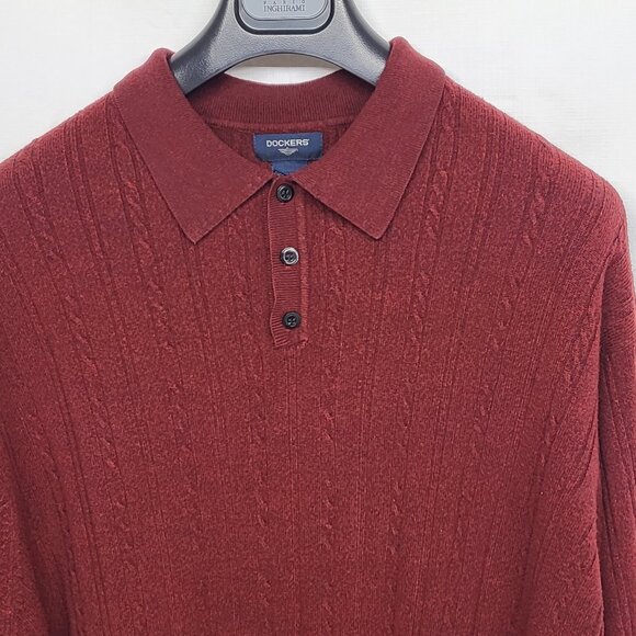 Vintage Dockers Mens Sweater Polo 3XLT Cable Knit Long Sleeve Collar Burgandy - Picture 2 of 12